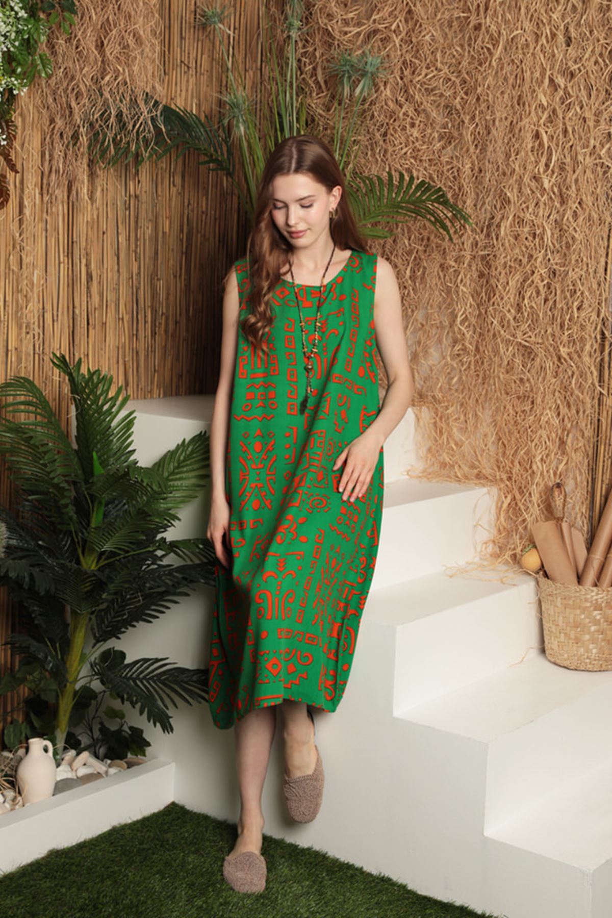 Viscose Fabric Ethnic Pattern Basic Women's Dress-Green - STREETMODE™