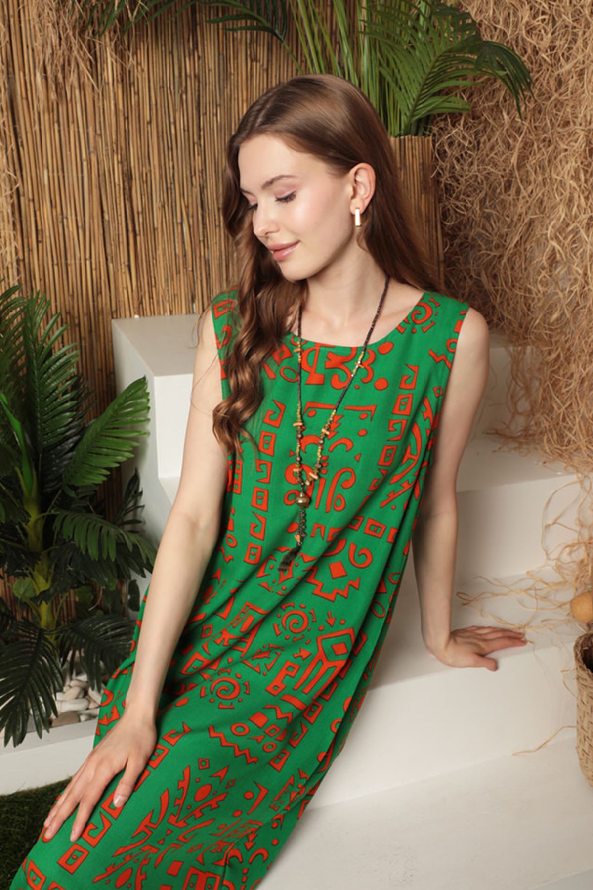 Viscose Fabric Ethnic Pattern Basic Women's Dress-Green - STREETMODE™