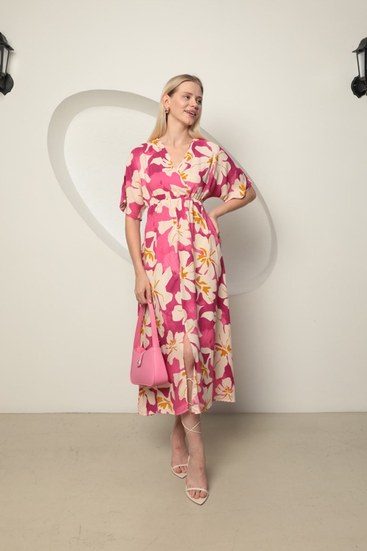 Viscose Fabric Flower Pattern Women's Dress-Fuchsia - STREETMODE™