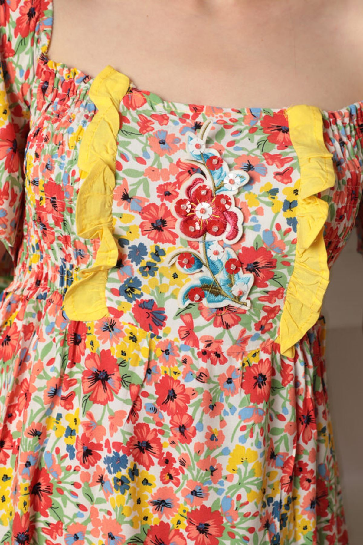 Viscose Fabric Flower Pattern Women's Mini Dress-Yellow - STREETMODE™