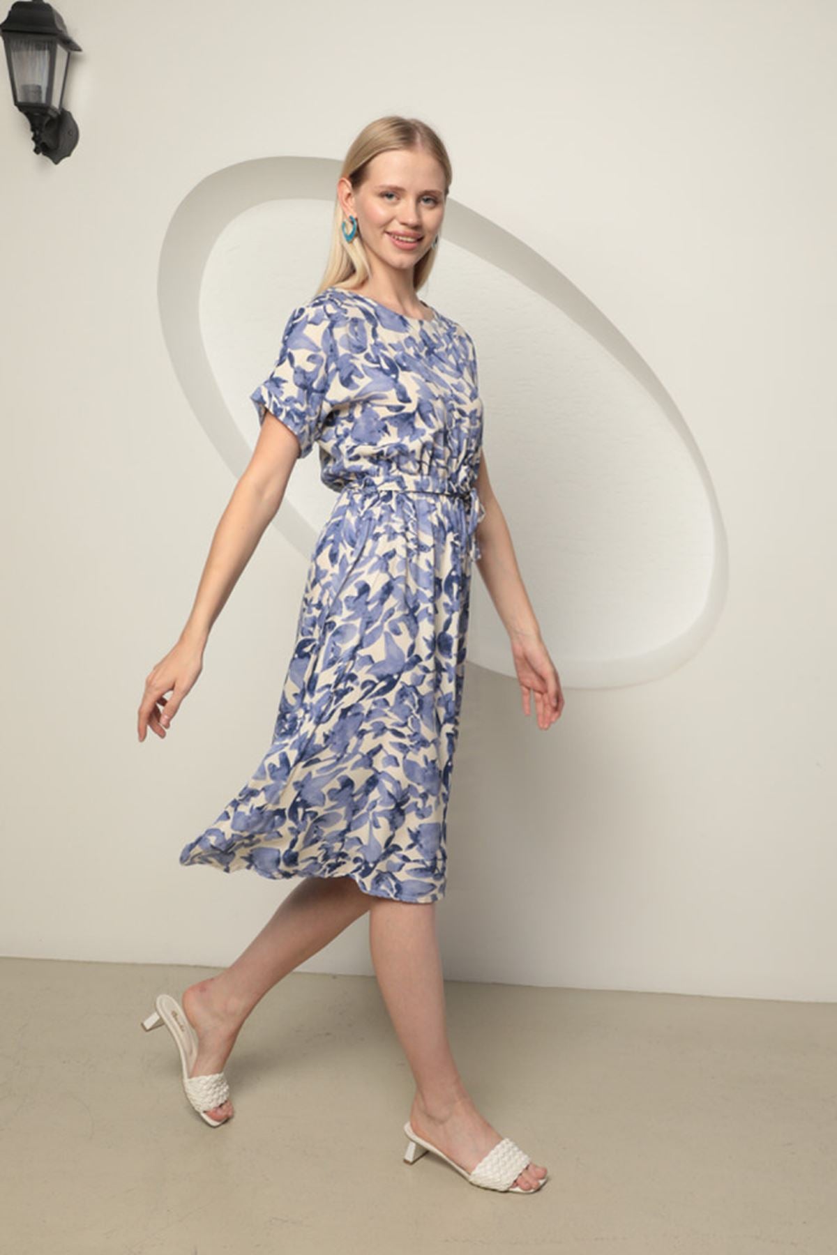 Viscose Fabric Pastel Flower Pattern Women's Dress-Indigo - STREETMODE™