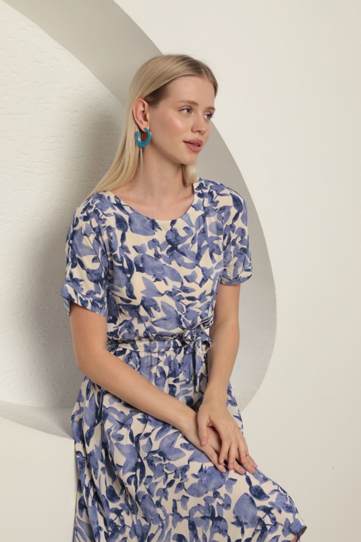 Viscose Fabric Pastel Flower Pattern Women's Dress-Indigo - STREETMODE™