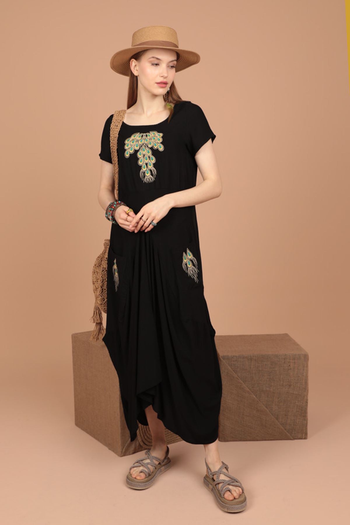 Viscose Fabric Peacock Embroidery Women's Dress-Black - STREETMODE™