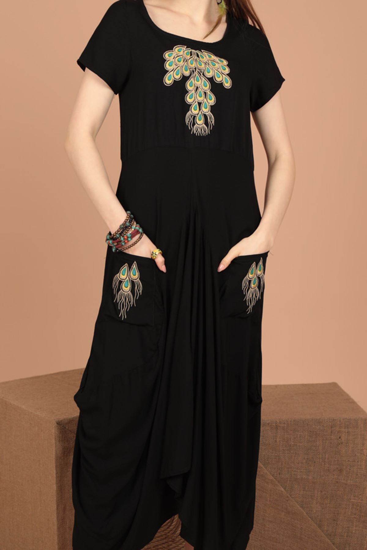 Viscose Fabric Peacock Embroidery Women's Dress-Black - STREETMODE™