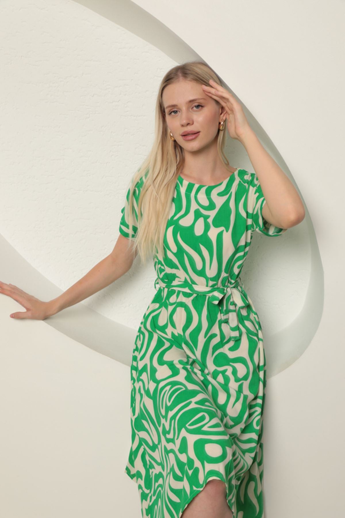 Viscose Fabric Wave Pattern Women's Dress-Green - STREETMODE™