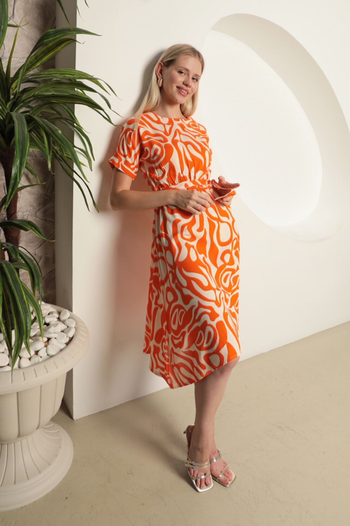 Viscose Fabric Wave Pattern Women's Dress-Orange - STREETMODE™
