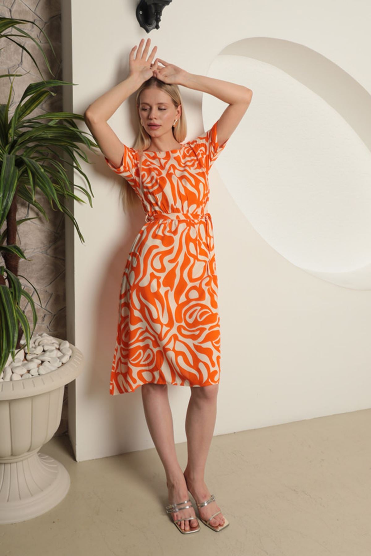 Viscose Fabric Wave Pattern Women's Dress-Orange - STREETMODE™