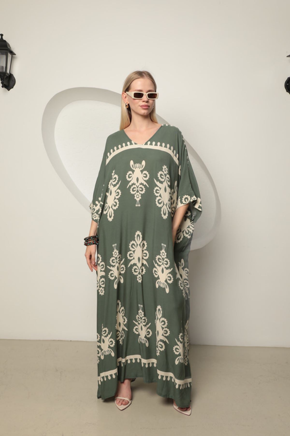 Viscose Printed Oversize Women's Dress-Khaki/Ecru - STREETMODE™