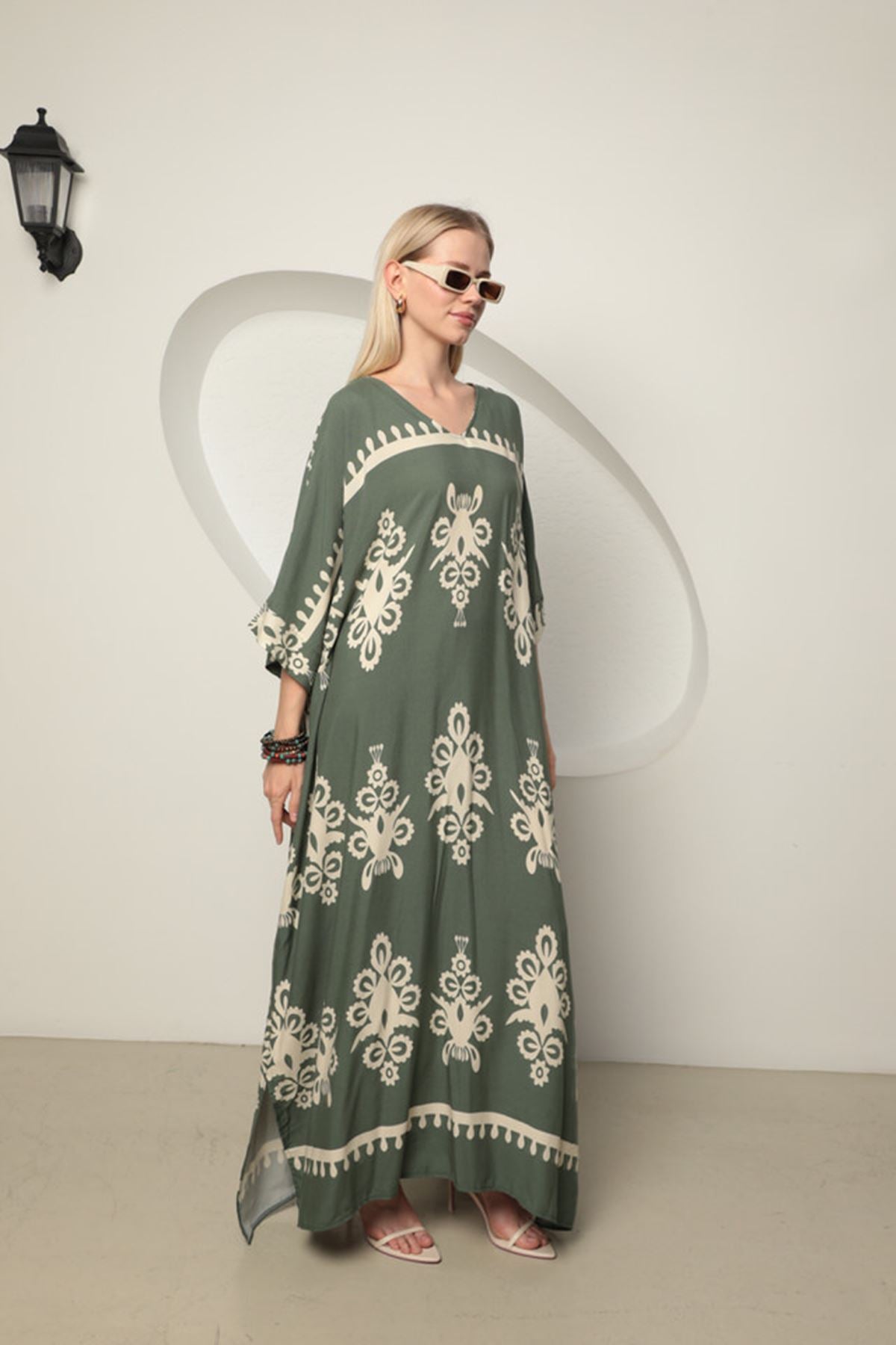 Viscose Printed Oversize Women's Dress-Khaki/Ecru - STREETMODE™