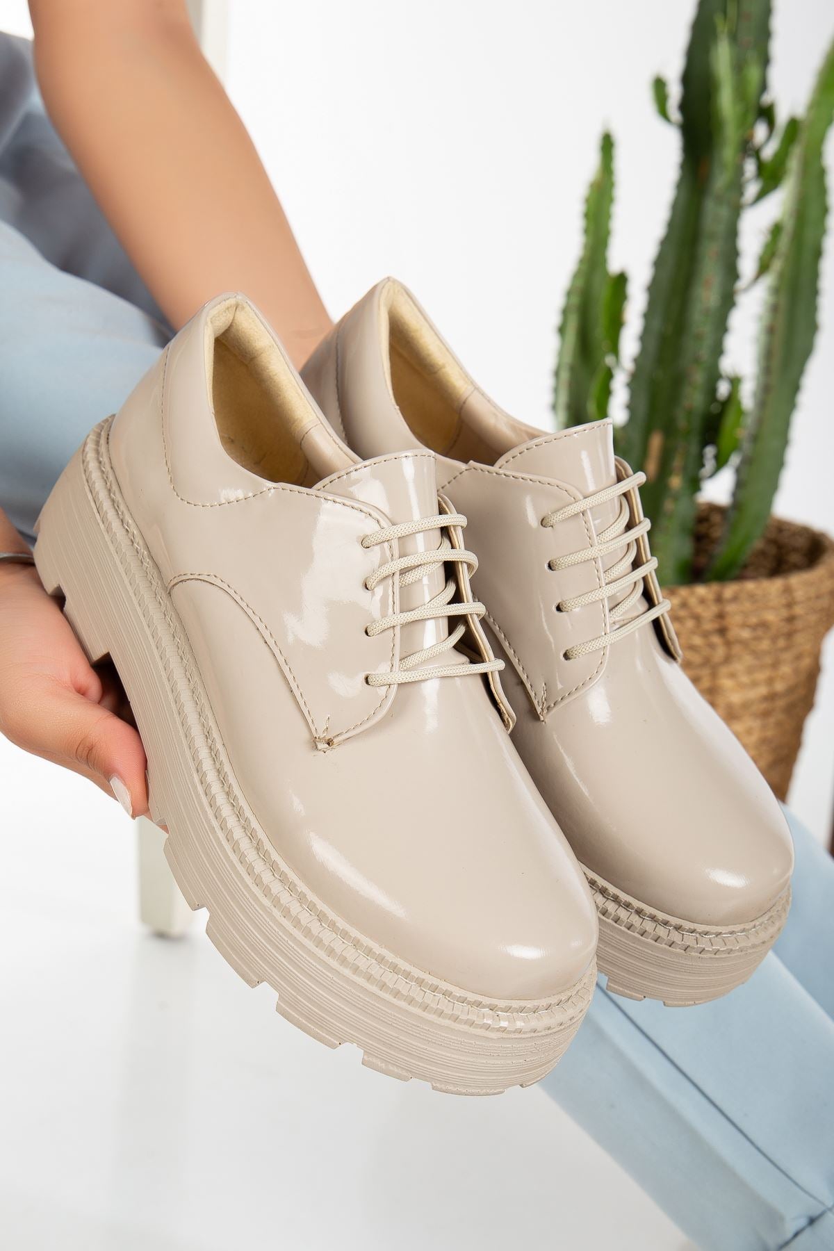 Western Lace Detailed Beige Patent Leather Women's Stylish Casual Shoes - STREETMODE™