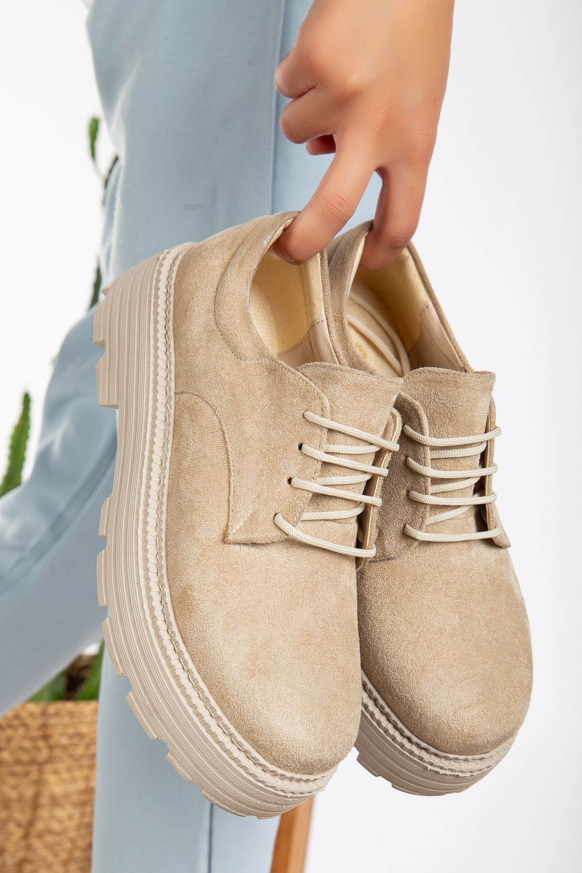 Western Lace Detailed Beige Suede Women's Stylish Casual Shoes - STREETMODE™