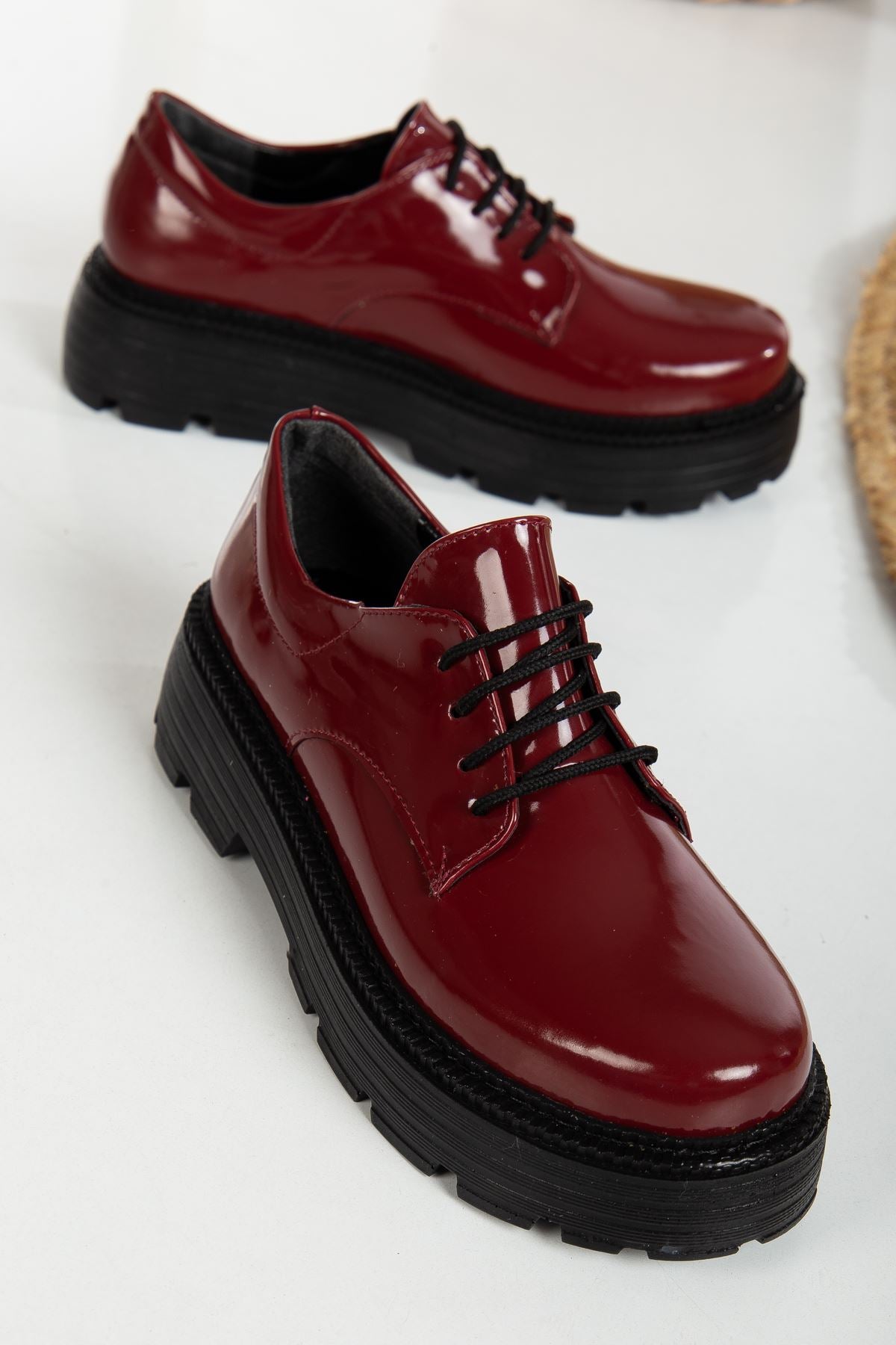 Western Lace Detailed Burgundy Patent Leather Women's Stylish Casual Shoes - STREETMODE™