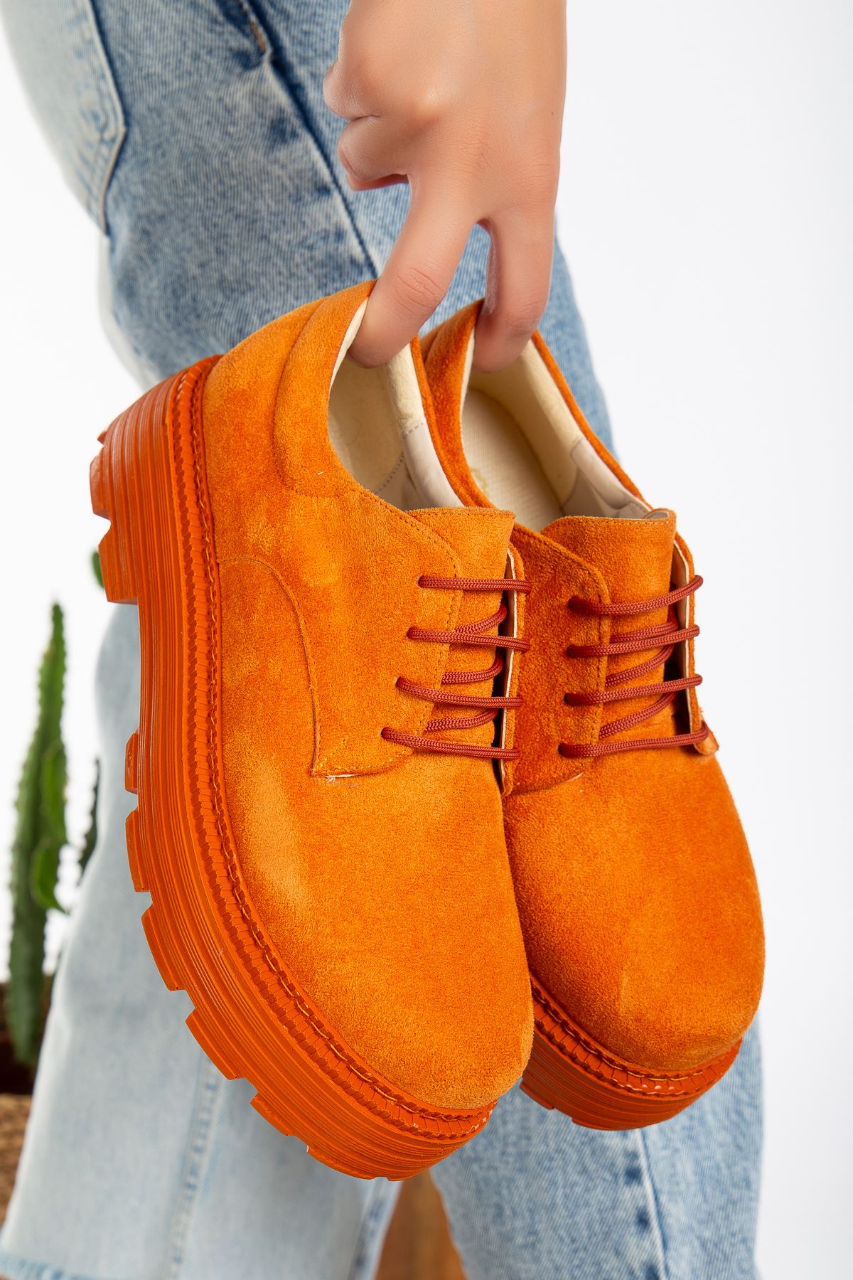 Western Lace Detailed Orange Suede Women's Stylish Casual Shoes - STREETMODE™