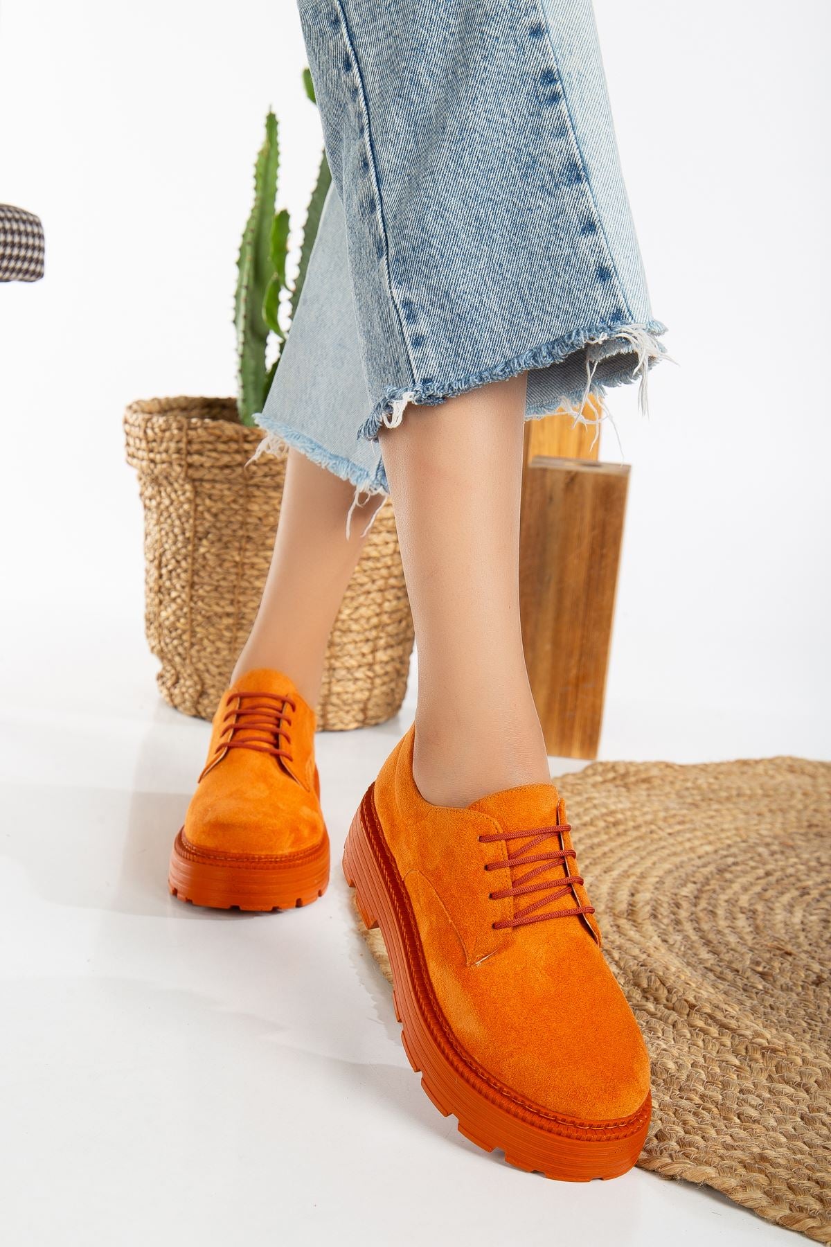 Western Lace Detailed Orange Suede Women's Stylish Casual Shoes - STREETMODE™