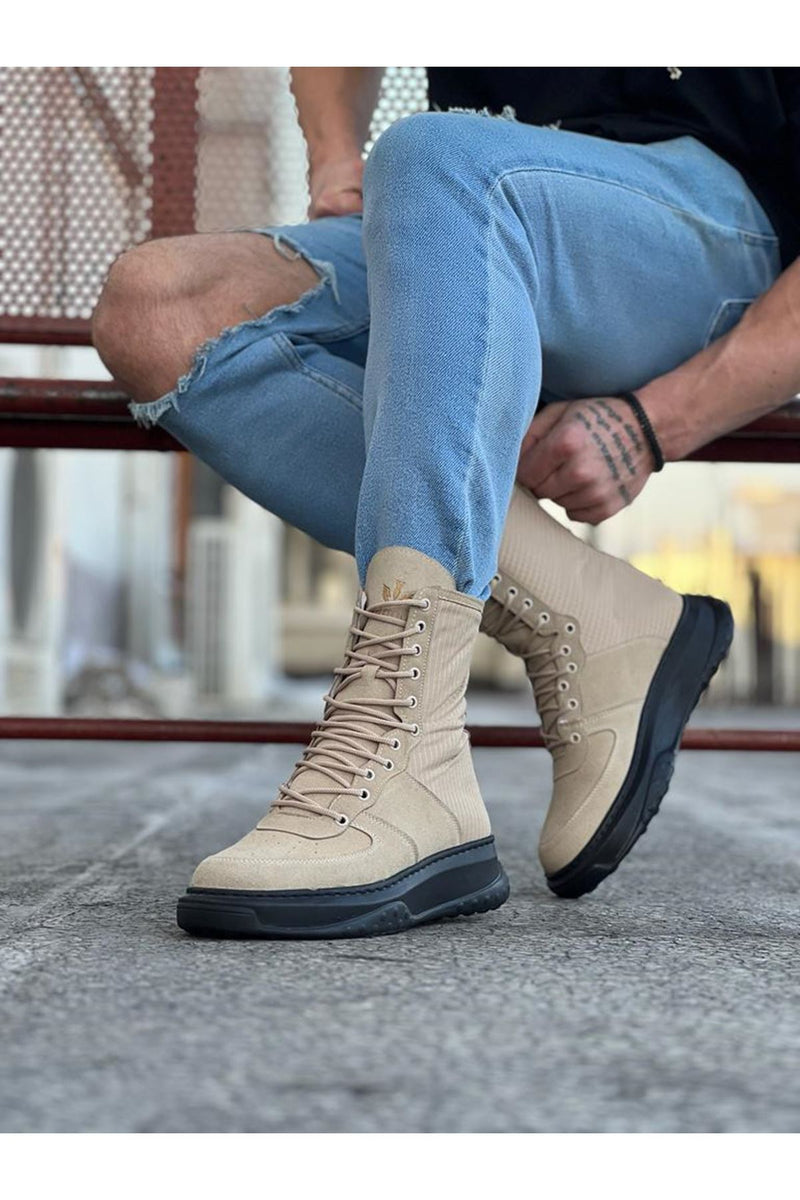 WG012 Men's Beige Charcoal Suede Leather Long Lace-Up Boots - STREETMODE™
