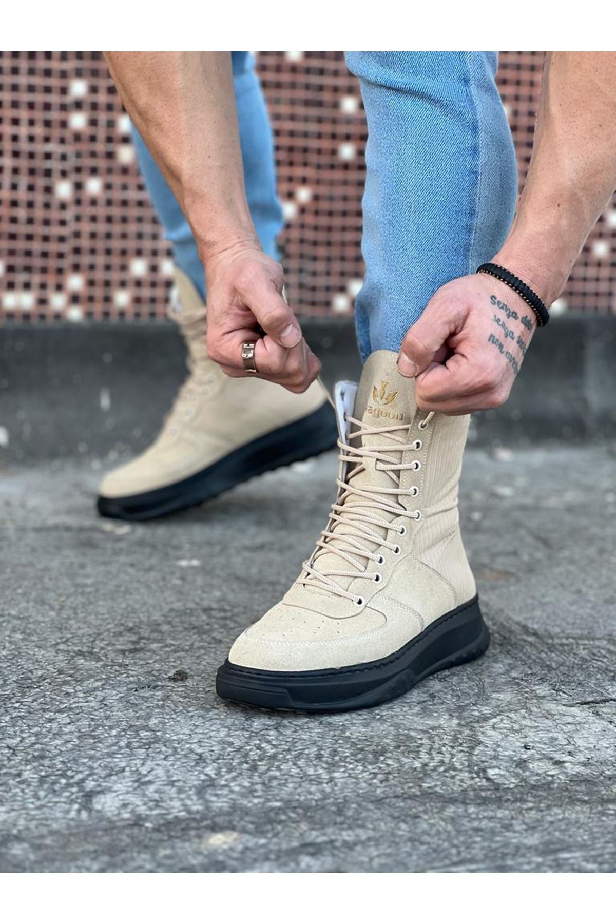 WG012 Men's Beige Charcoal Suede Leather Long Lace-Up Boots - STREETMODE™