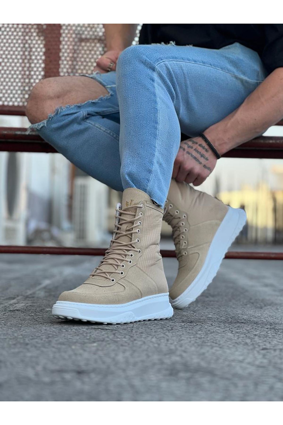 WG012 Men's Beige Suede Leather Long Lace-Up Boots - STREETMODE™