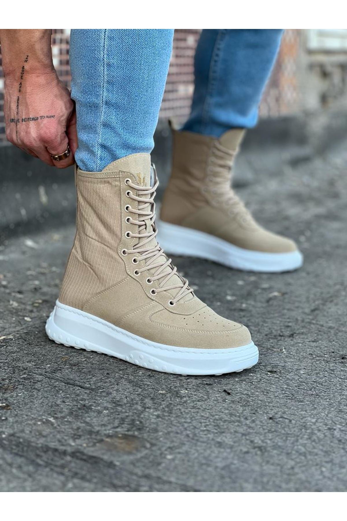 WG012 Men's Beige Suede Leather Long Lace-Up Boots - STREETMODE™