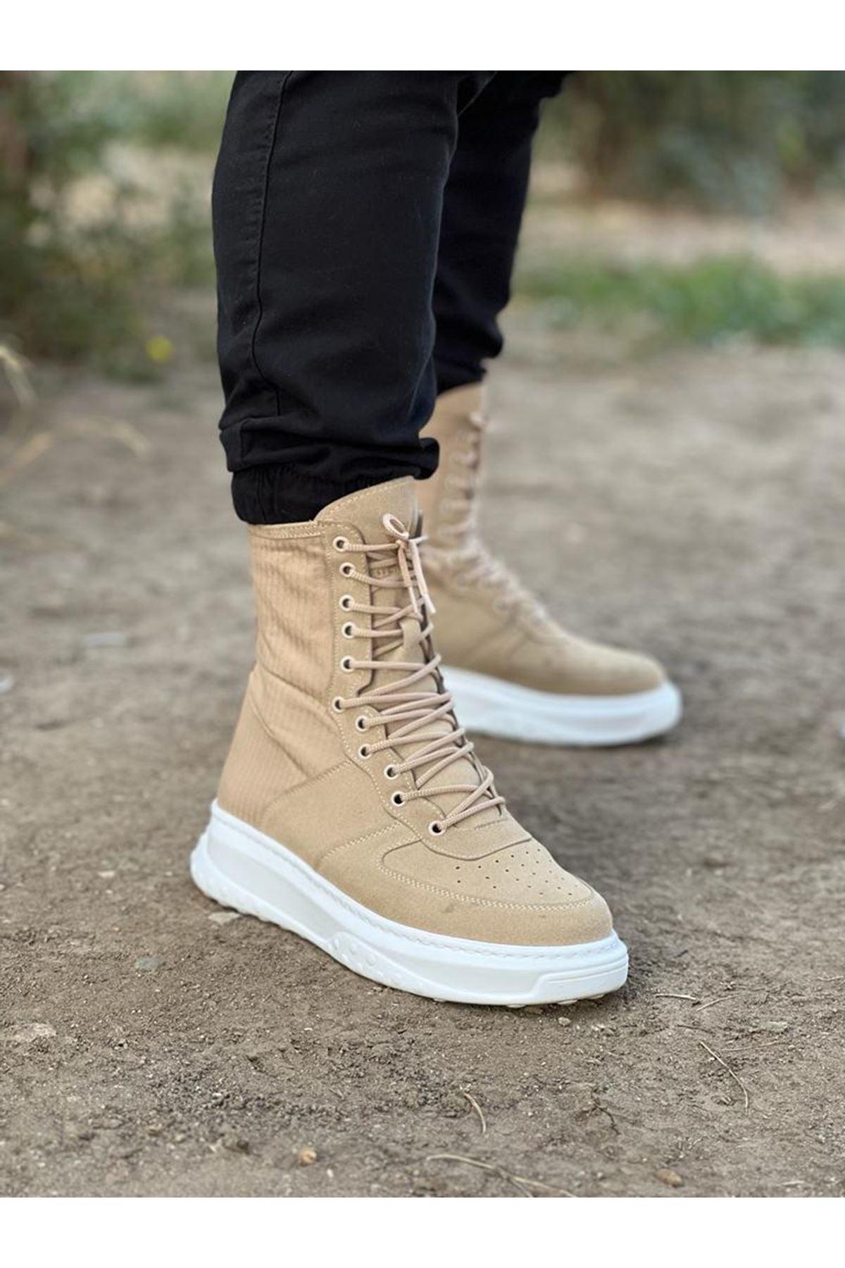 WG012 Men's Beige Suede Leather Long Lace-Up Boots - STREETMODE™