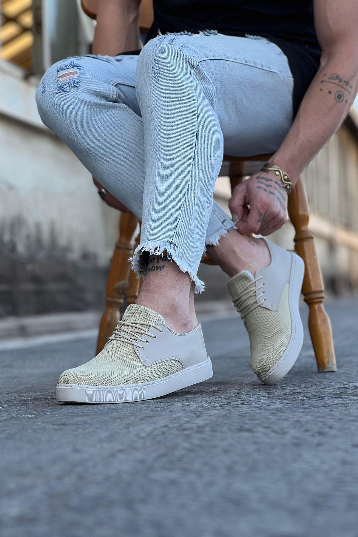 WG016 Beige Knitted Men's Casual Shoes - STREETMODE™