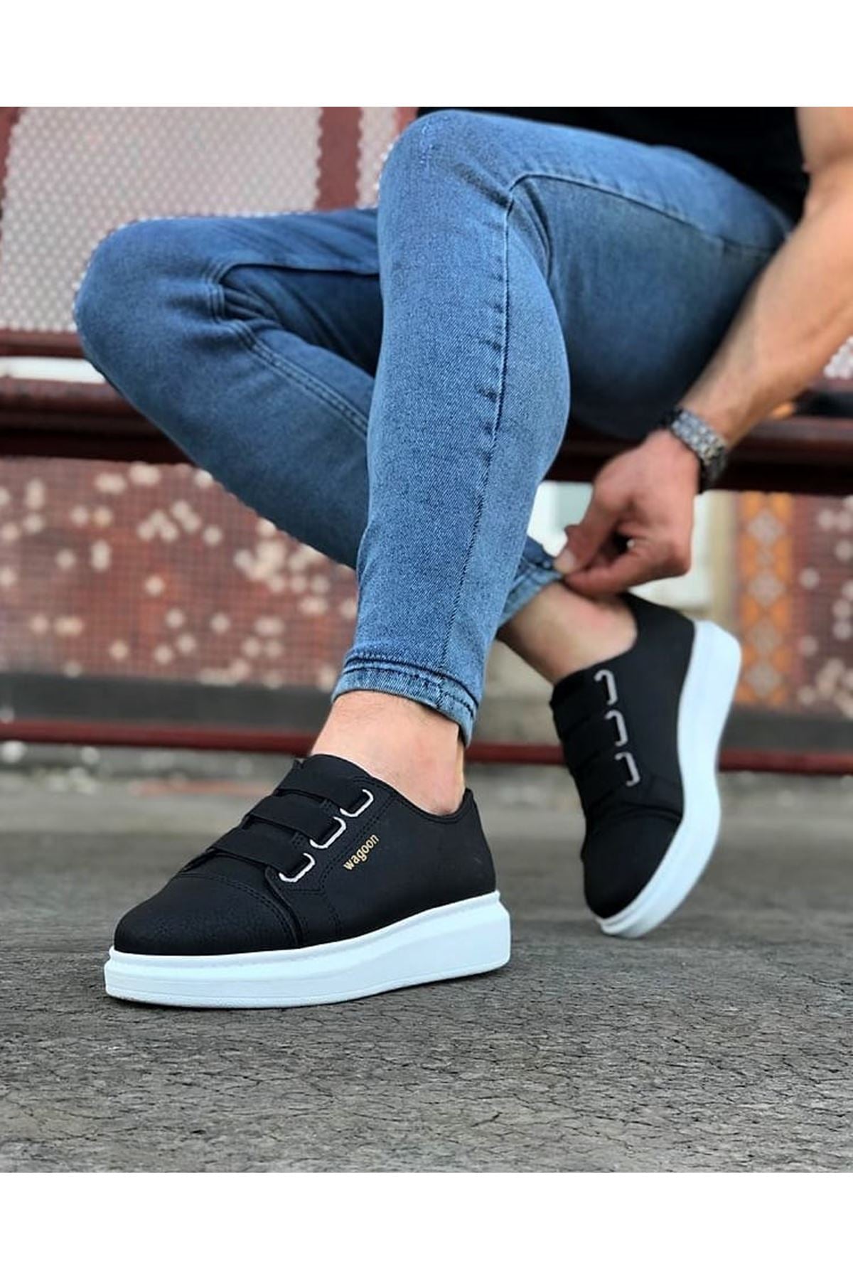 WG026 3 Band Black Thick Sole Casual Men's Shoes - STREETMODE™