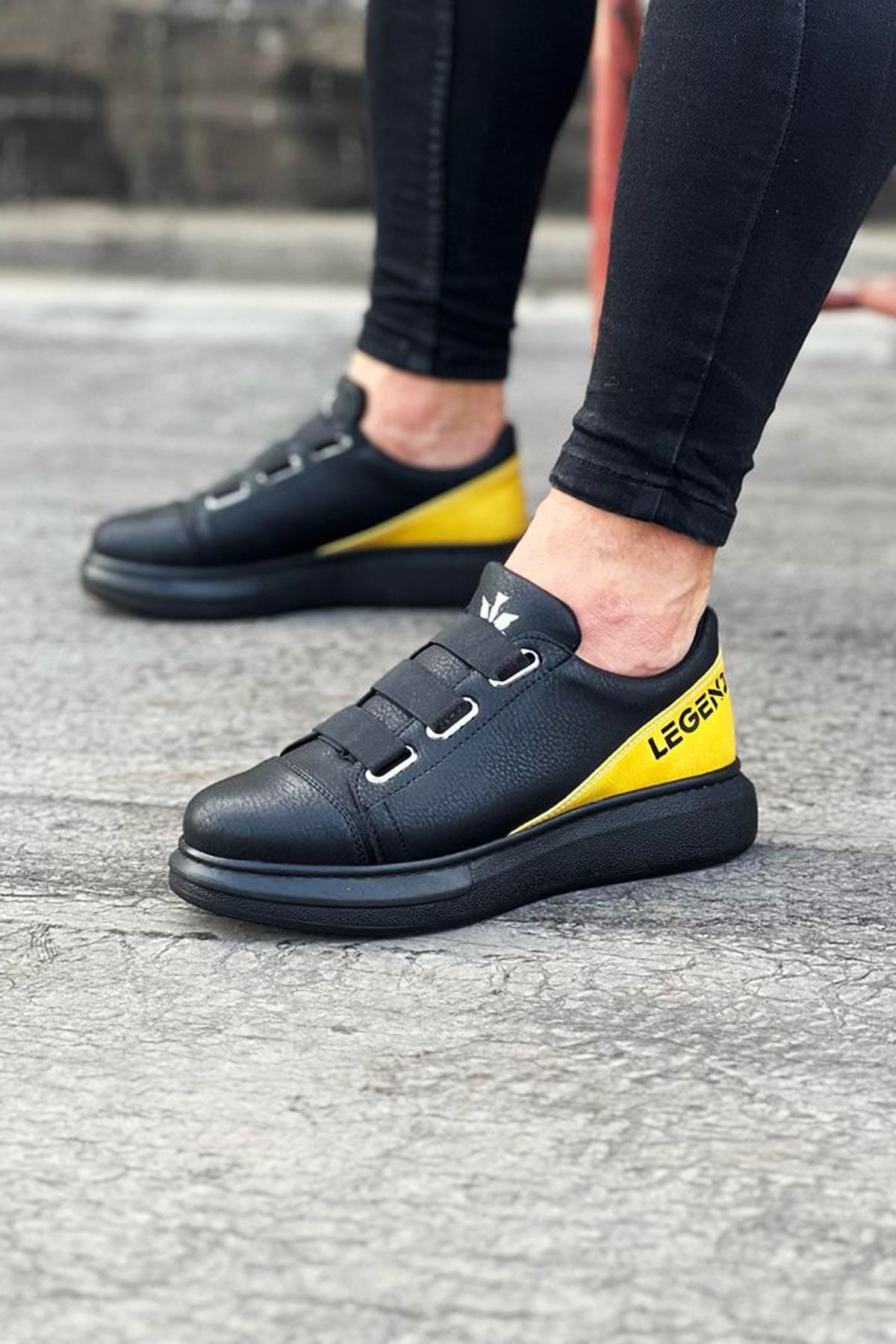 WG029 3 Stripes Legend Charcoal Yellow Thick Sole Casual Men's Shoes - STREETMODE™
