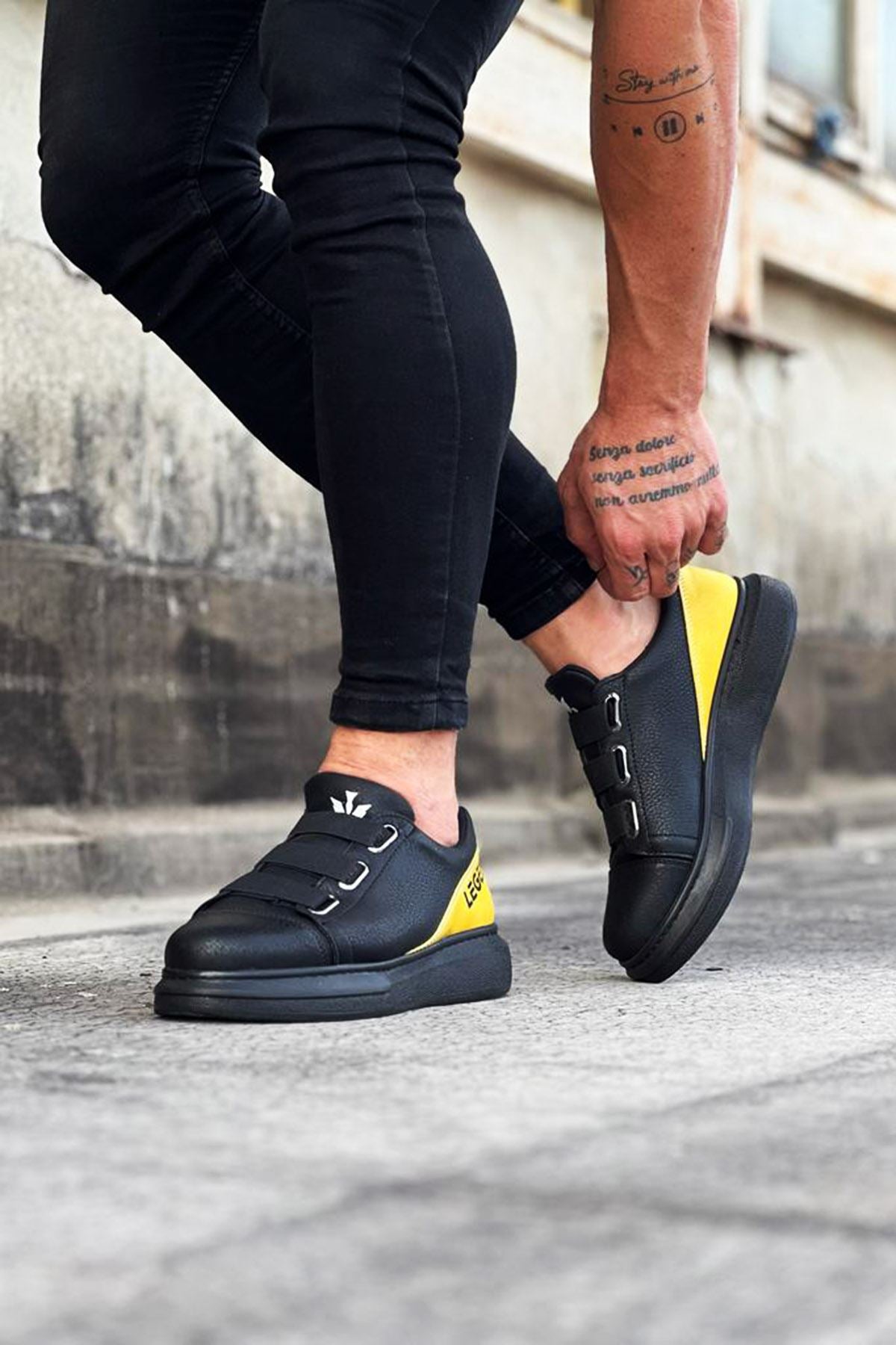 WG029 3 Stripes Legend Charcoal Yellow Thick Sole Casual Men's Shoes - STREETMODE™