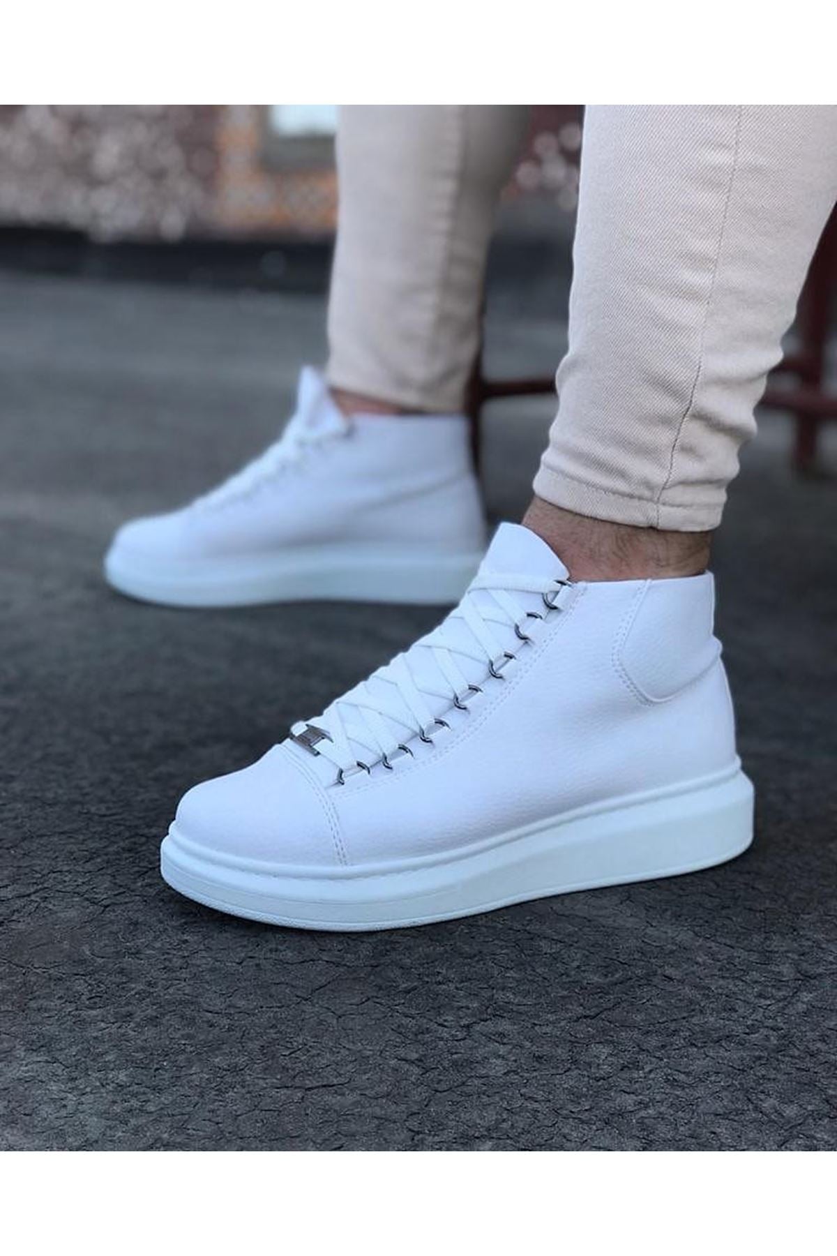 WG032 White Lace-up Sneakers Half Ankle Boots - STREETMODE™