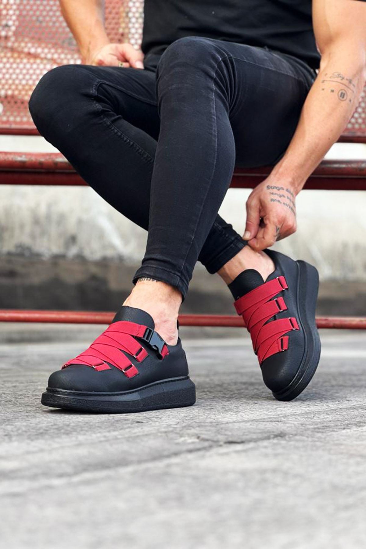 WG033 Charcoal Red Men's High Sole Sneakers Shoes - STREETMODE™