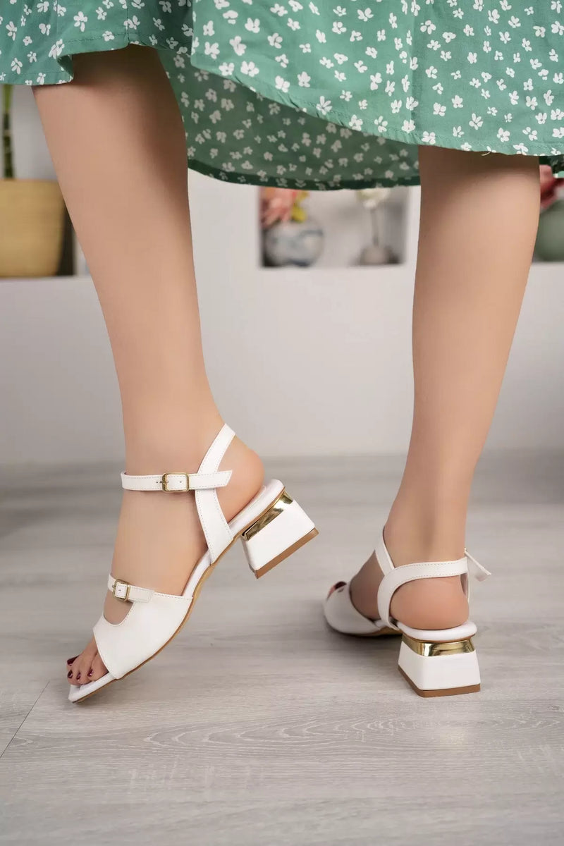White Heeled Double Buckle Women's Sandals - STREETMODE™