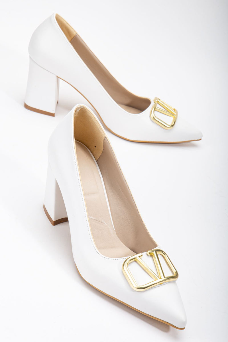 White Leather Buckle Detailed Thick Heel Shoes - STREETMODE™