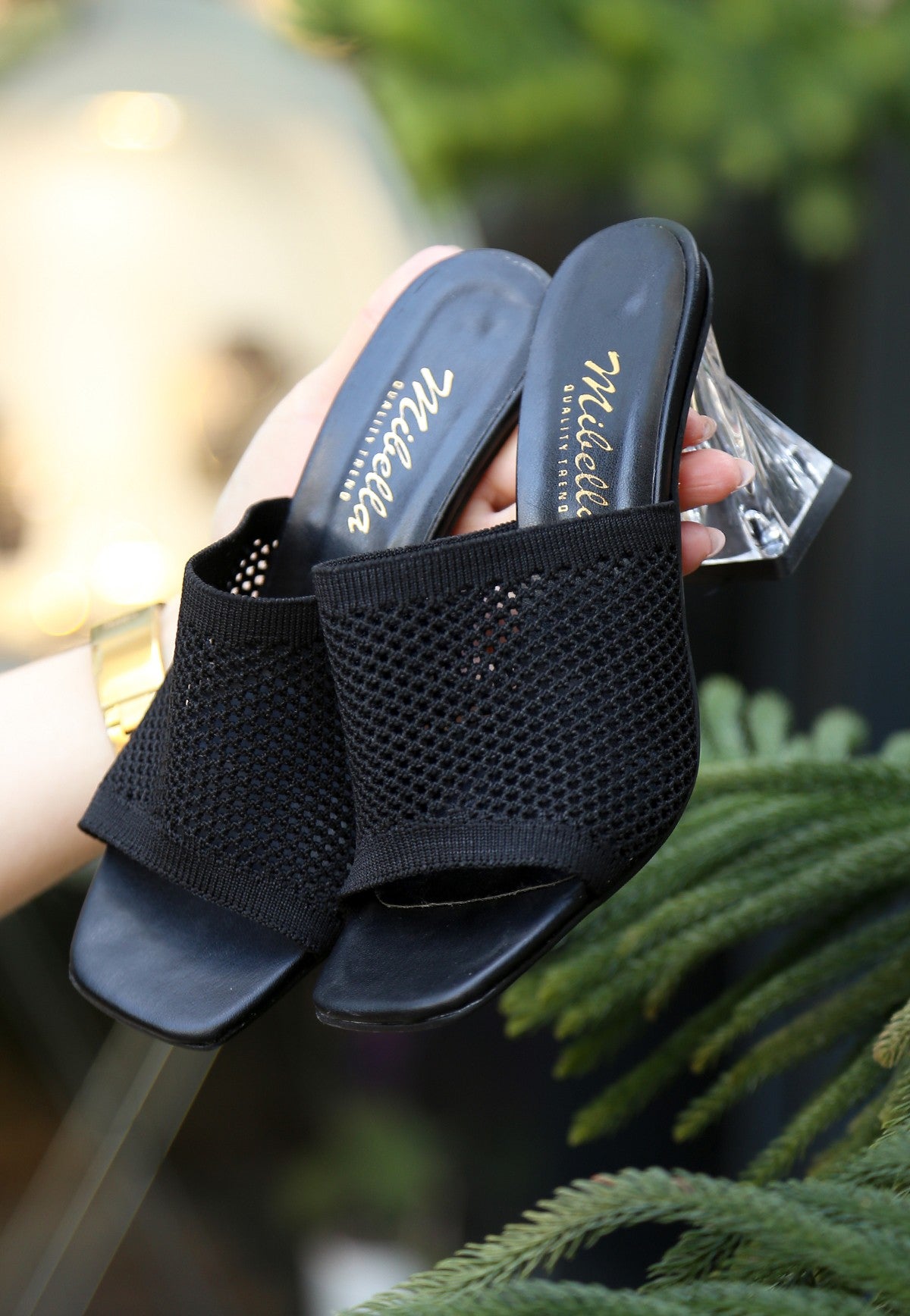 Women's Akva Black Knitwear Transparent Heeled Slippers - STREETMODE™