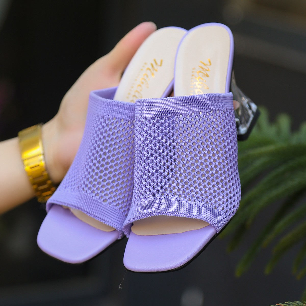 Women's Akva Lilac Knitwear Transparent Heeled Slippers - STREETMODE™