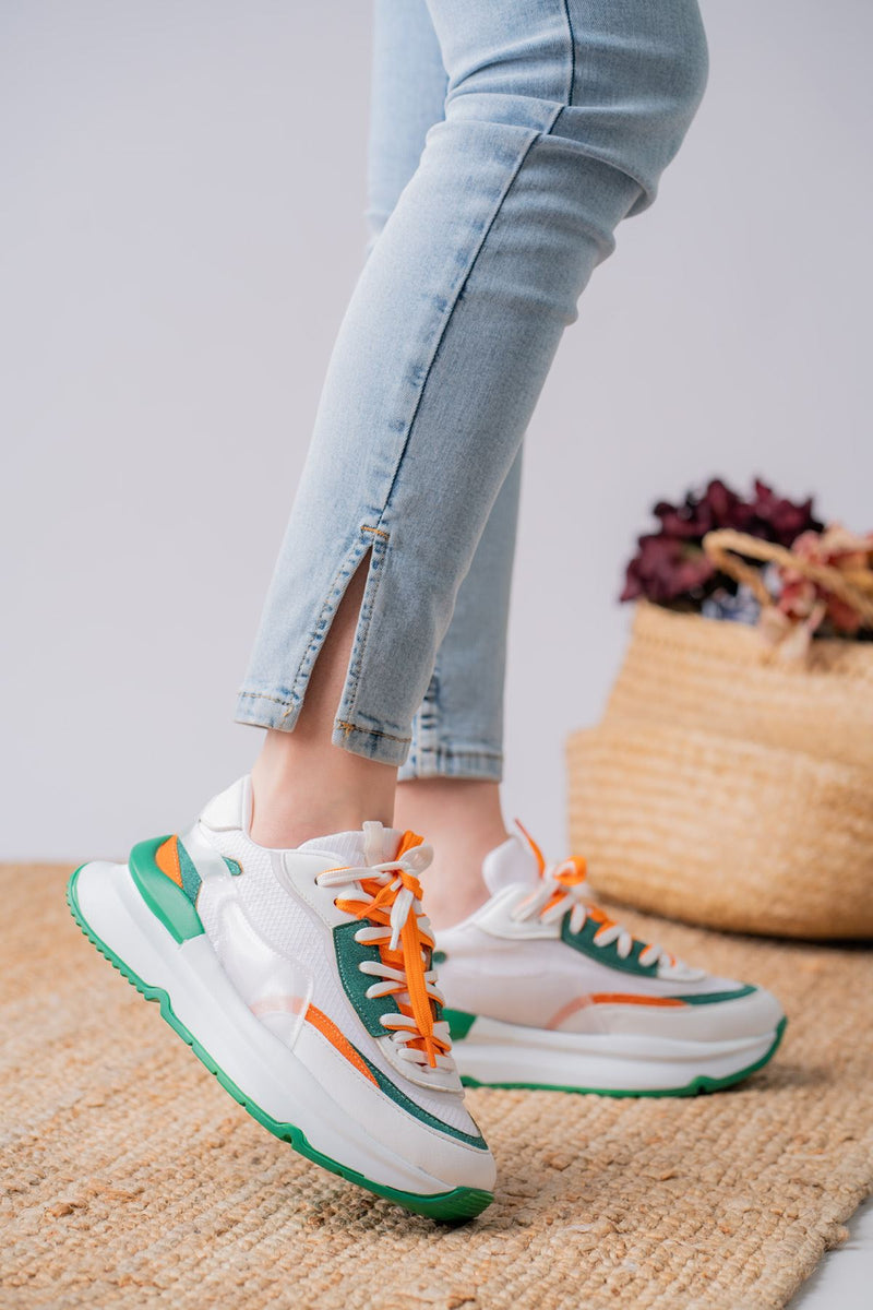 Women's Aleh White Skin Green Detailed Thick Sole Sneakers Shoes - STREETMODE™