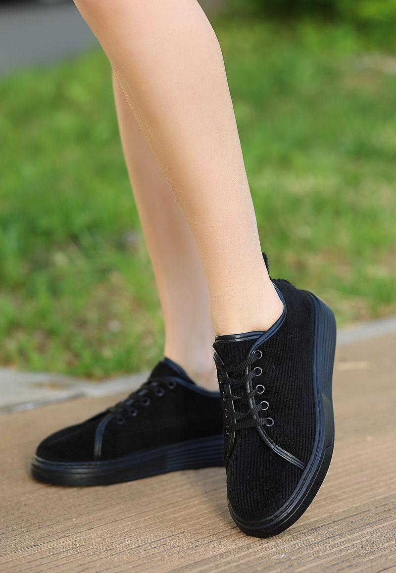 Women's Aprel Black Velvet Lace-Up Sports Shoes - STREETMODE™