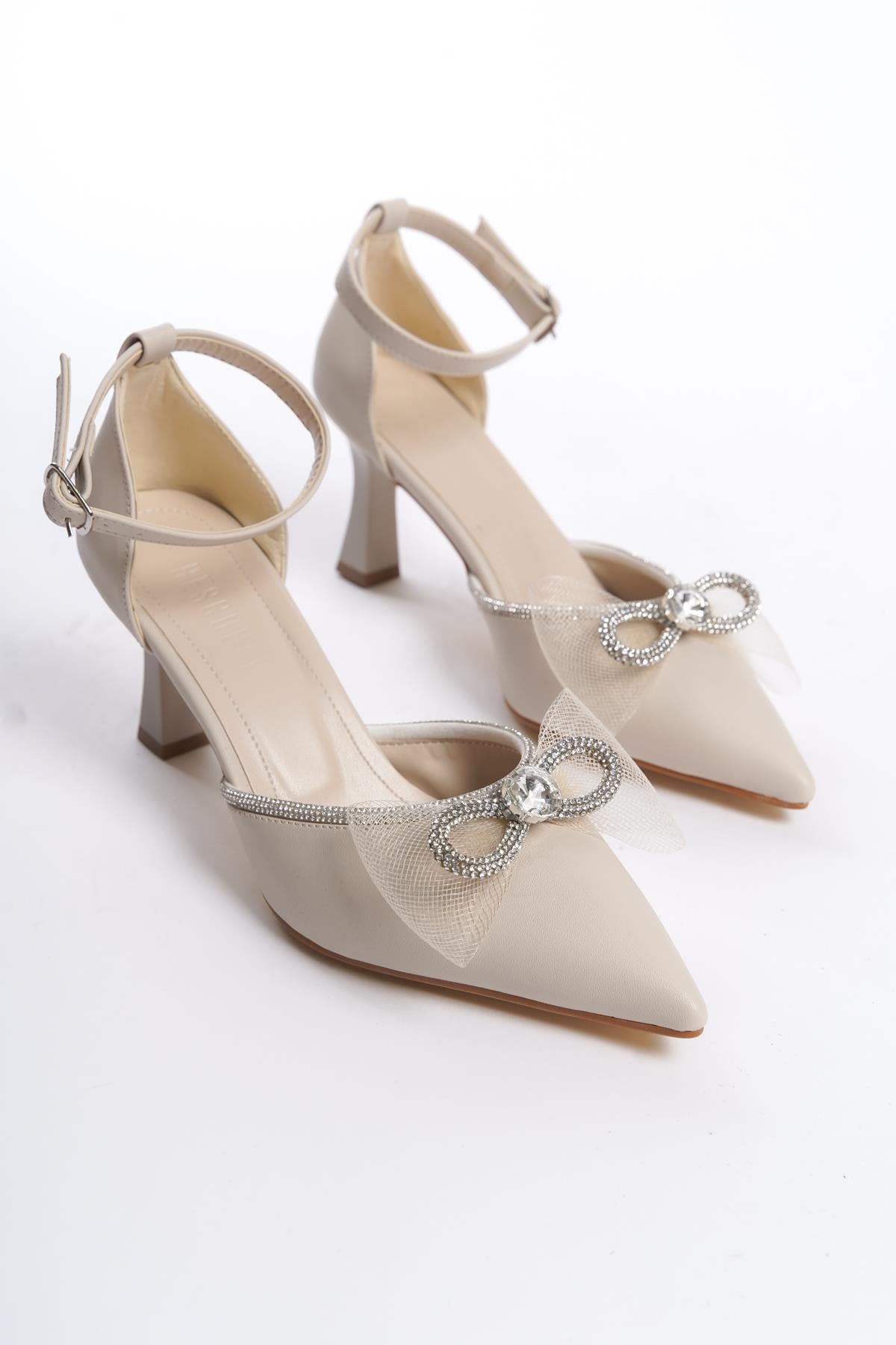 Women's Asda Beige Thin Heel Bow Evening Dress Pointed Toe Shoes - STREETMODE™