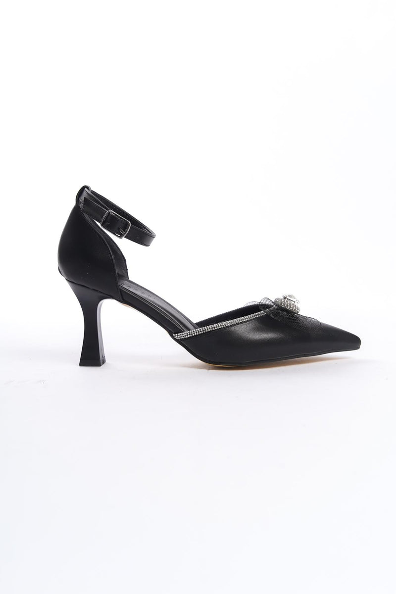 Women's Asda Black Thin Heel Bow Evening Dress Pointed Toe Shoes - STREETMODE™
