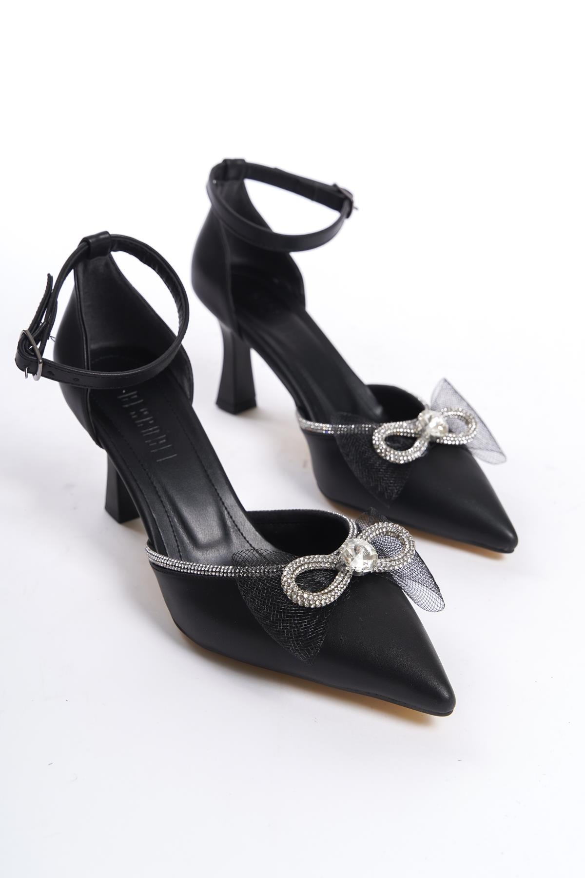 Women's Asda Black Thin Heel Bow Evening Dress Pointed Toe Shoes - STREETMODE™