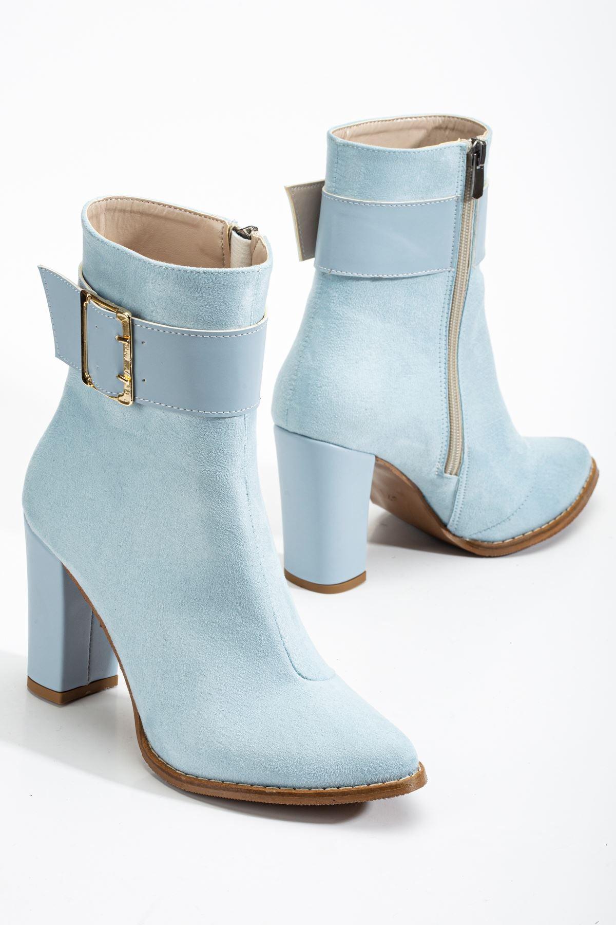 Women's Baby Blue Pointed Toe Zippered Thick Heel Boots - STREETMODE™