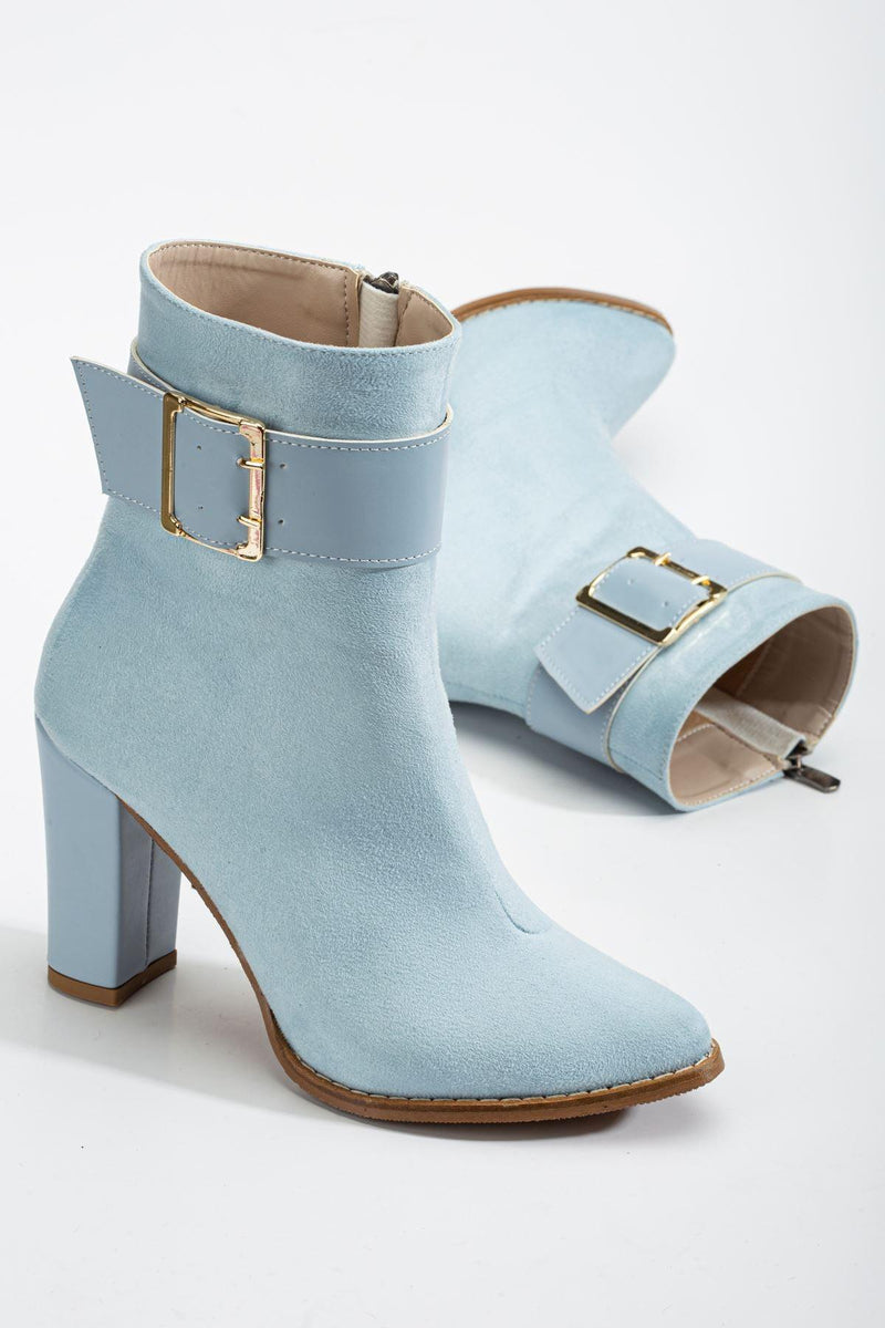 Women's Baby Blue Pointed Toe Zippered Thick Heel Boots - STREETMODE™