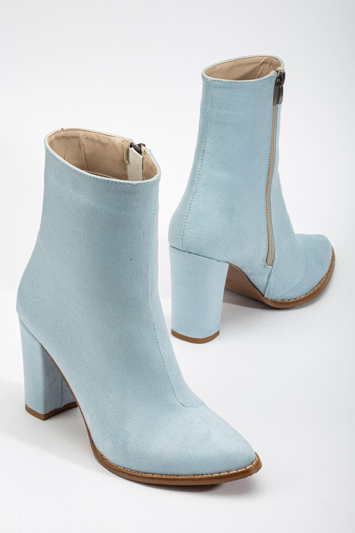 Women's Baby Blue Suede Pointed Toe Zippered Chunky Heel Boots - STREETMODE™