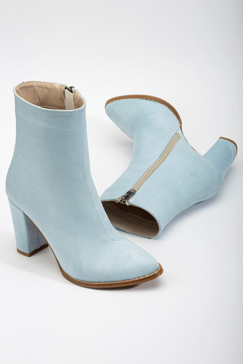 Women's Baby Blue Suede Pointed Toe Zippered Chunky Heel Boots - STREETMODE™