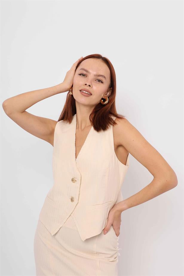 Women's Back Belted Linen Vest Cream - STREETMODE™