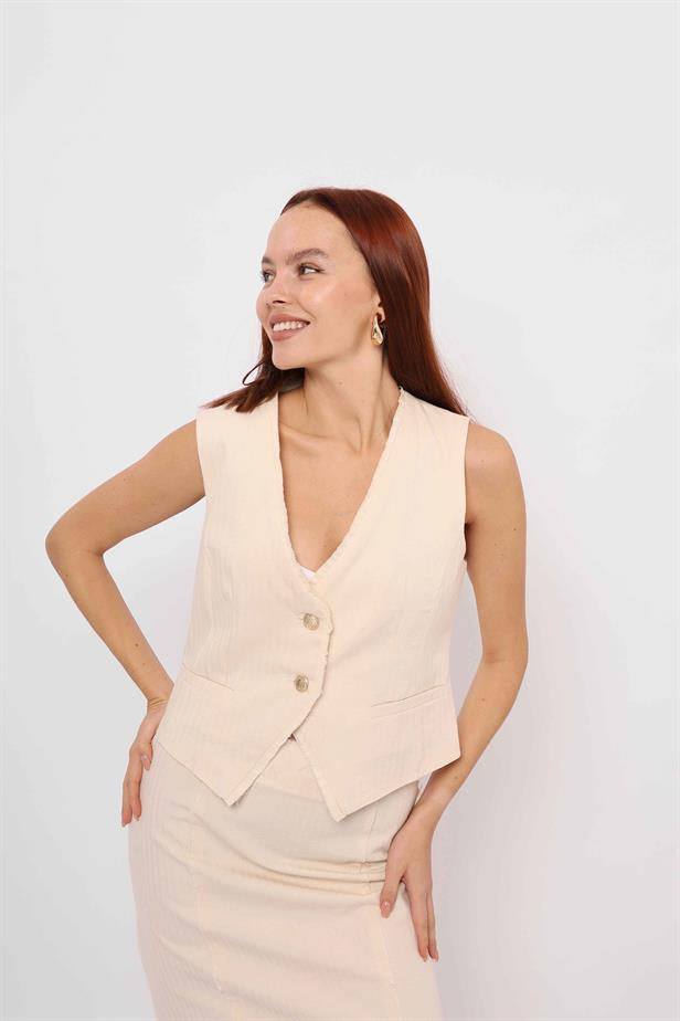 Women's Back Belted Linen Vest Cream - STREETMODE™