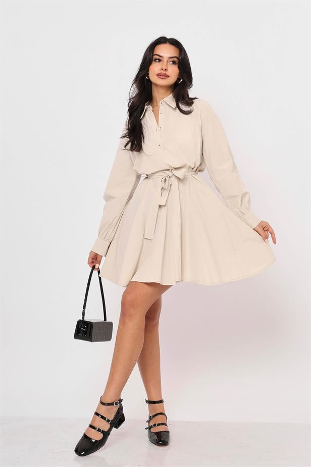 Women's Balloon Sleeve Belted Dress Stone - STREETMODE™