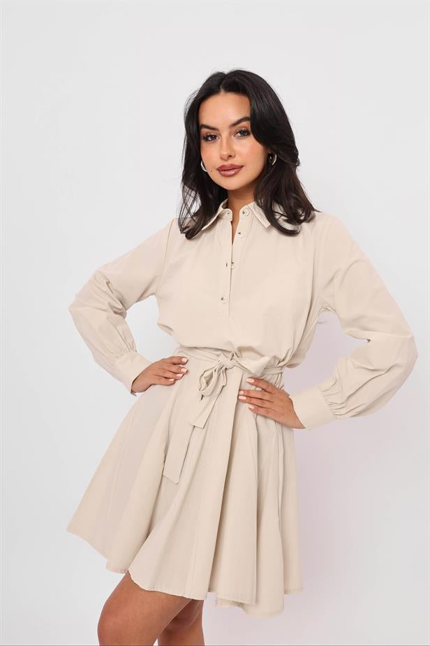 Women's Balloon Sleeve Belted Dress Stone - STREETMODE™