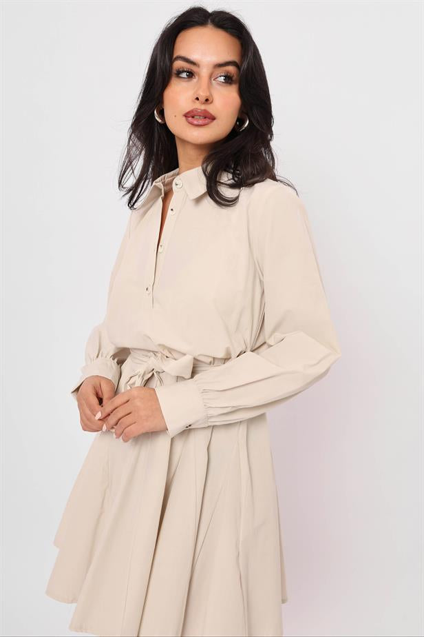 Women's Balloon Sleeve Belted Dress Stone - STREETMODE™