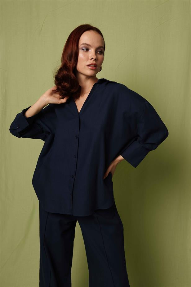 Women's Basic Loose Shirt Navy Blue - STREETMODE™