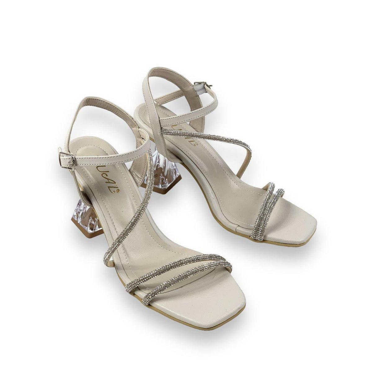 Women's Beige Fens Twist Transparent Heel Ankle Lacing Stone Detailed Sandals Shoes 8 Cm - STREETMODE™