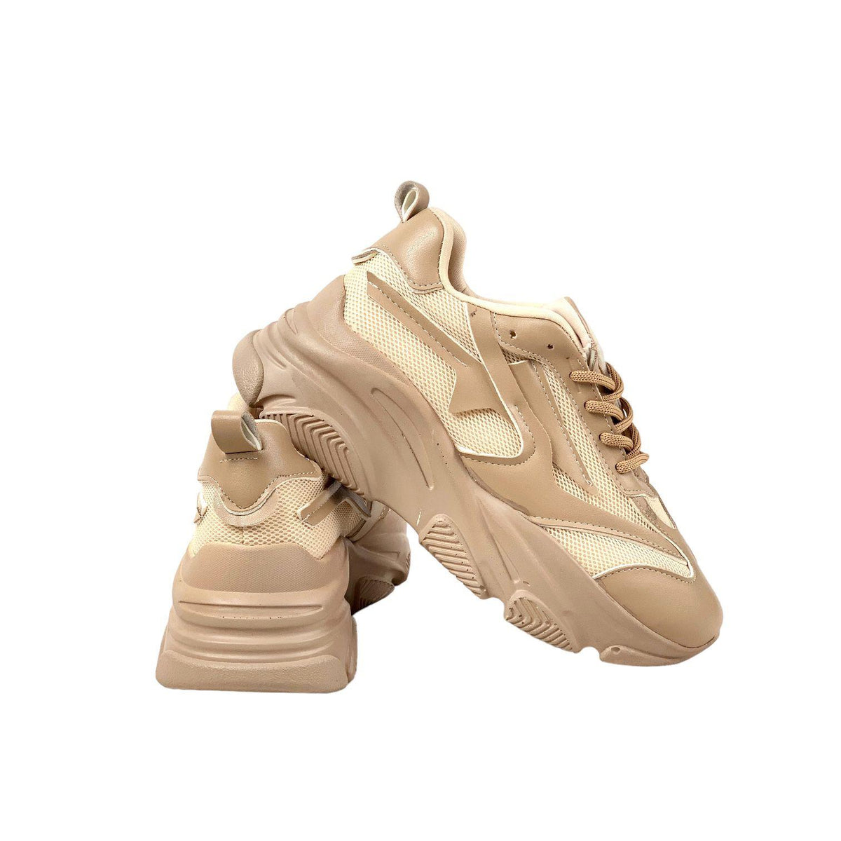 Women's beige high-soled mesh detailed sneakers daily sports shoes - STREETMODE™